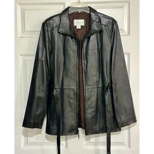 Worthington Genuine Lambskin Black jacket zipper front tie belt Women's Large